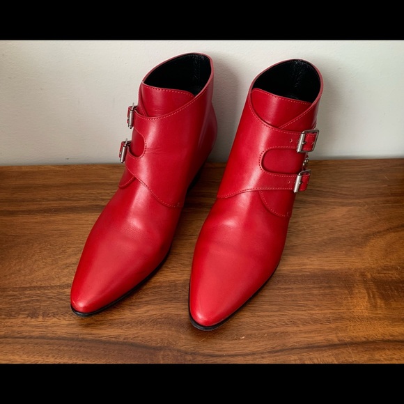 Saint Laurent Red Monk Strap Ankle Boots 38 - Picture 15 of 16